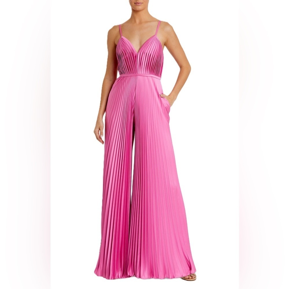 IEENA for Mac Duggal Pink Pleated Plunge Neck Wide Leg Jumpsuit